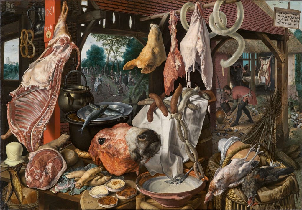 A Meat Stall with the Holy Family Giving Alms is a painting] by the Netherlandish artist Pieter Aertsen (1508–1575).[3] It was completed in 1551.[4] A large painting, it depicts a peasant market scene, with an abundance of meats[5] and other foods. In the background, it shows a scene from the biblical theme of the flight into Egypt,[6] where the Virgin Mary is seen stopped on the road, giving alms to the poor.[3] Thus, although the painting seems to be at first sight an ordinary still life concentrating on foodstuffs, it is rich with symbolism; it in fact hides a symbolic religious meaning, and embodies a visual metaphor encouraging spiritual life. Aertsen made a name for himself during the 1550s painting scenes from everyday life in a naturalistic manner.