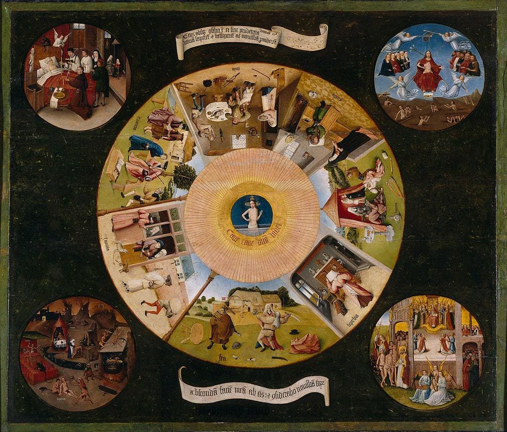 The painting "The Seven Deadly Sins and the Four Last Things" by Bosch.