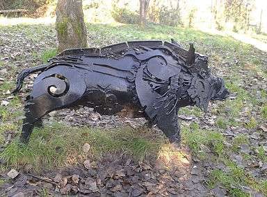 At Sandy Water Park, Llanelli, the Mabinogion Woods hold various sculptures – this boar is actually intended as Twrch Trwyth: https://smiths29.wixsite.com/sandy-water-park/mabinogion-woods