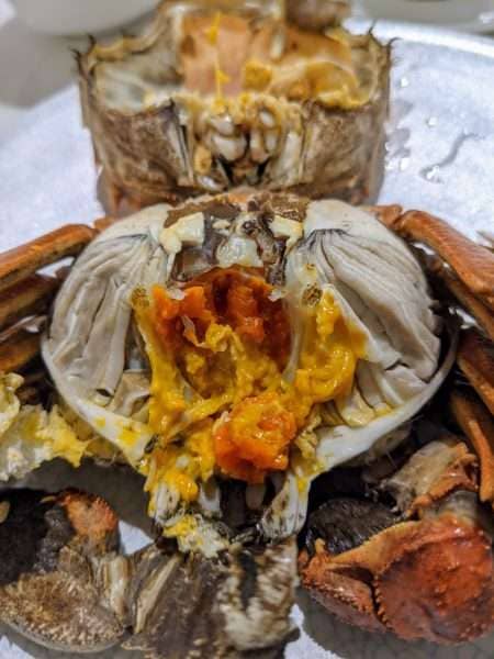 Roe inside steamed female hairy crab