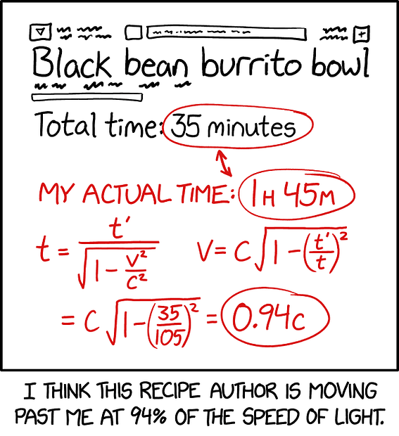 Black & red equations covering what should be a very simple recipe taking only 35 minutes but it's been complicated because this man is a scientist and overthinks the details so his cooking time is 105 minutes!
