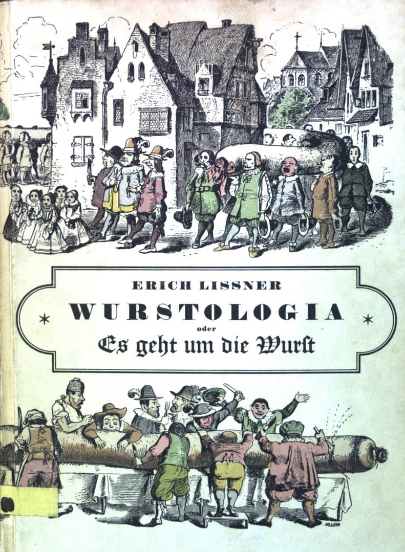 Old style German towns with the occupants in clothing from the 17th & 18th Century all carrying huge sausages or eating one at a long table.