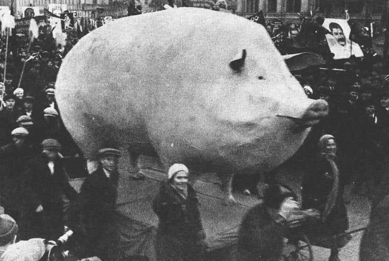 Soviet demonstration with a large sculpture of a pig, late 1920-30’s