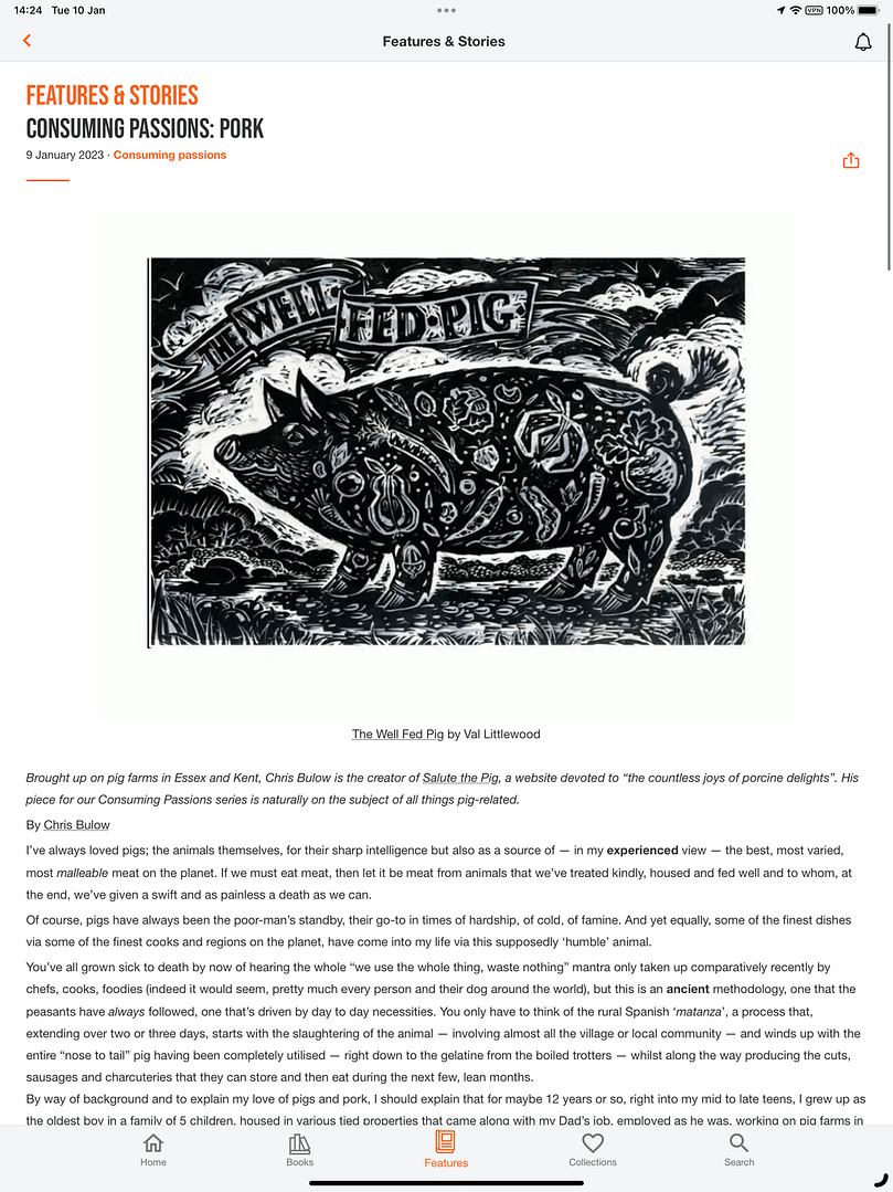 This is an extract from the CKBK piece with Val's B&W wood-cut print of the The Well Fed Pig artwork at the top; the pig looks happy, fed, content. 