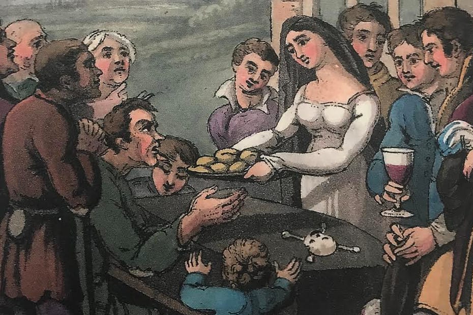 A Welsh funeral of 1814, showing the custom of passing food across the body of the deceased. Hand-coloured engraving by I. Havell for The Cambrian Popular Antiquities