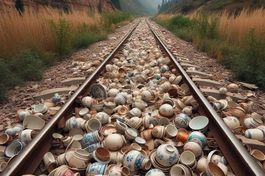 a trail of smashed bowls at the side of a railway track in China