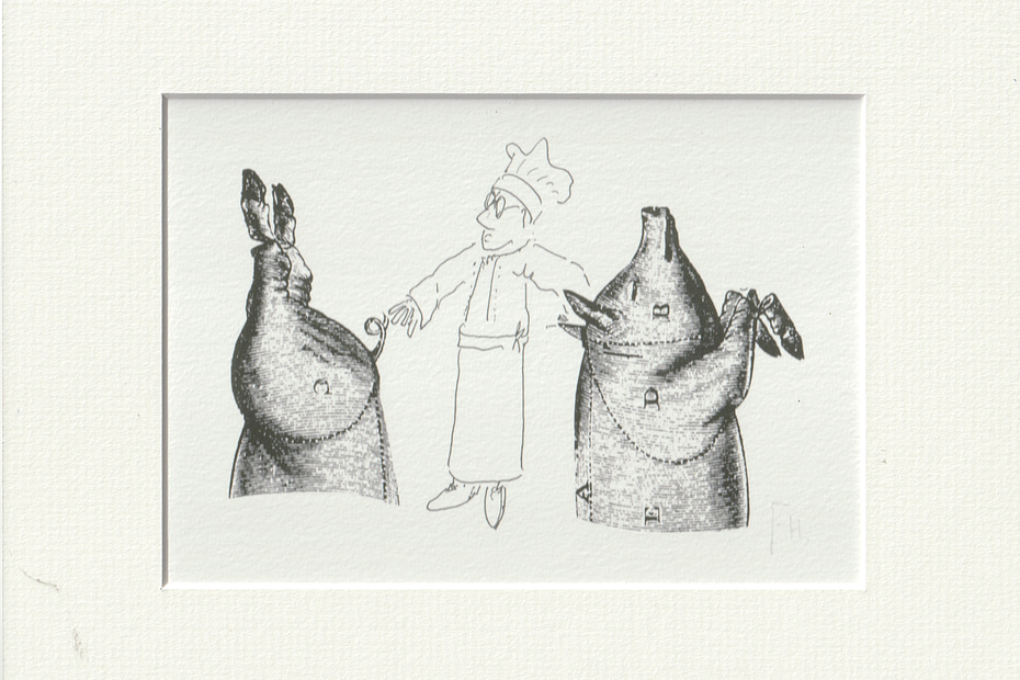 A print from St John restaurant, showing one of their trademark pigs, cut in half. It's initialed by Fergus bottom right and has a pen drawing by him of a toqué clad chef in the centre.