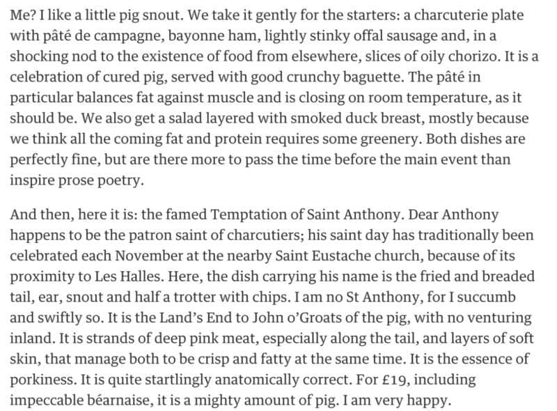 Au Pied de Cochon restaurant_review, The Guardian 2016