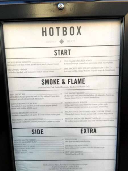 Menu at Hotbox, Spitalfields