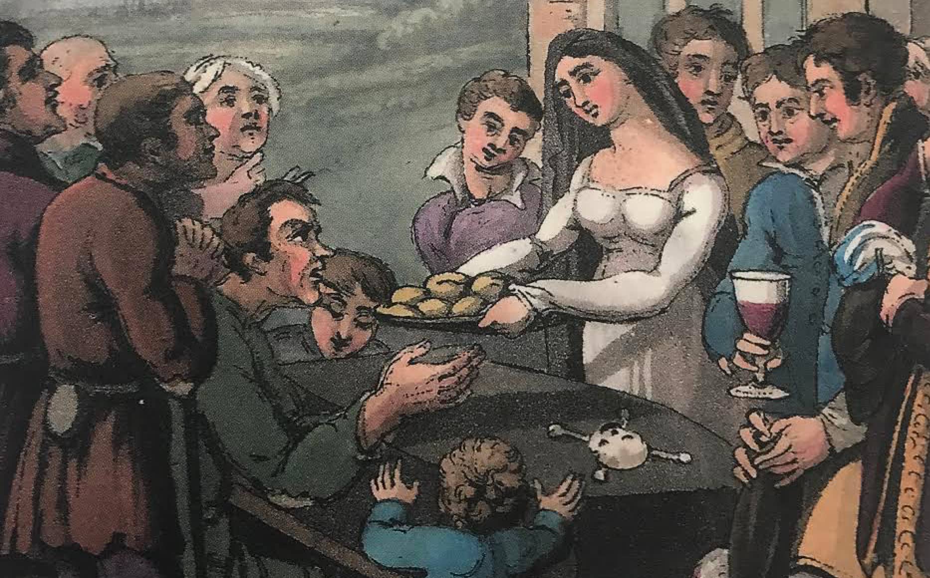 A Welsh funeral of 1814, showing the custom of passing food across the body of the deceased. Hand-coloured engraving by I. Havell for The Cambrian Popular Antiquities