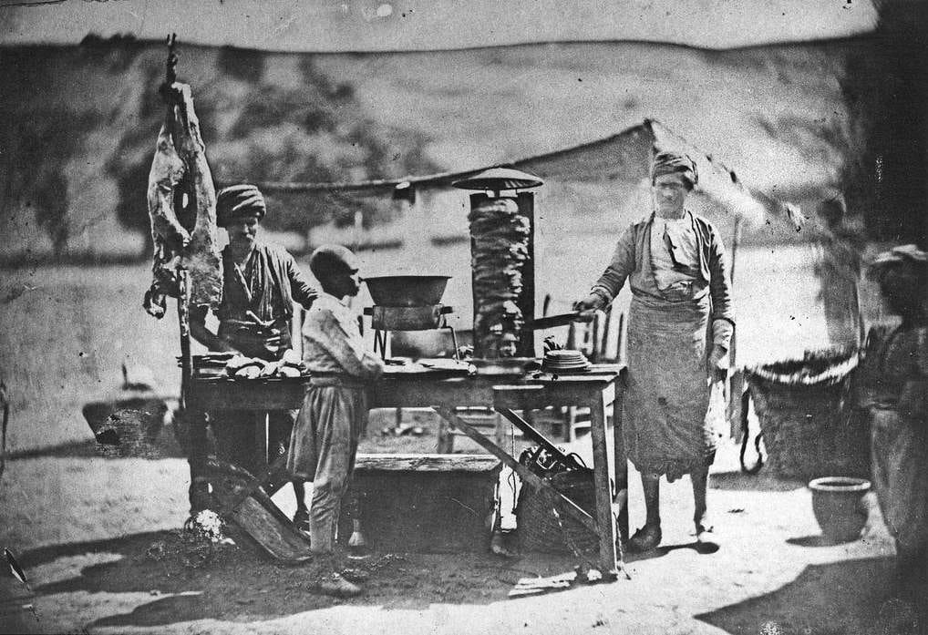The earliest known photo of doner kebab (meat cooked on a vertical rotisserie) by James Robertson, 1855, Ottoman Empire