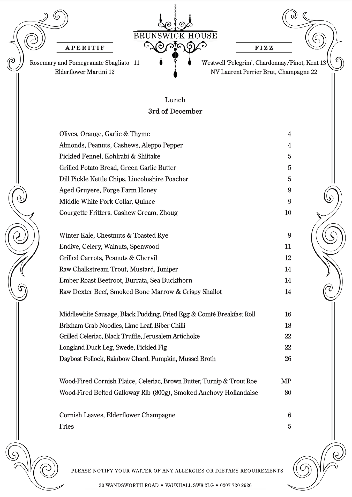 Brunswick House menu