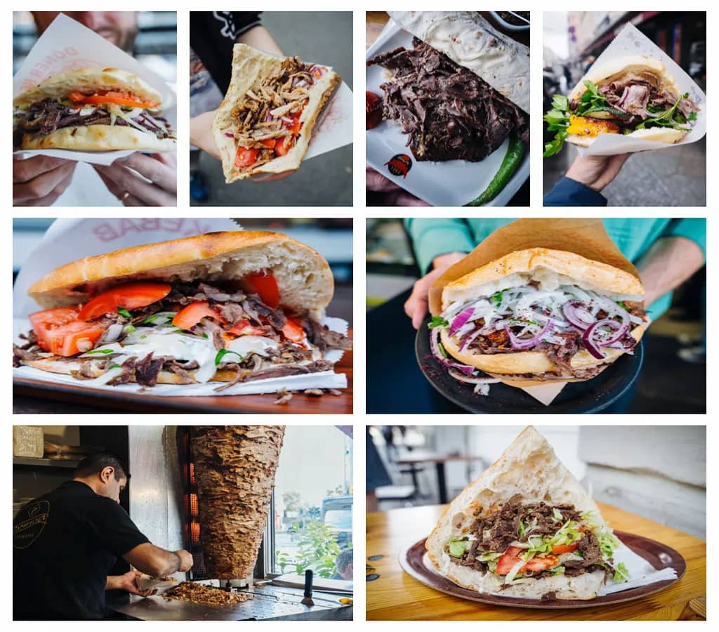 A collage of 8 photos of various kebabs from different restaurants in Berlin