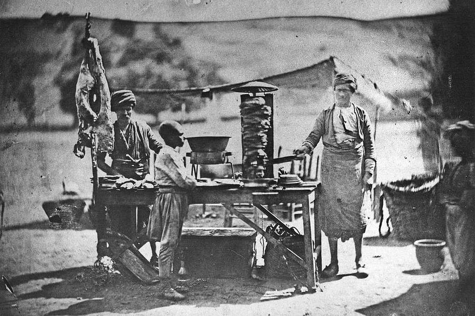 The earliest known photo of doner kebab (meat cooked on a vertical rotisserie) by James Robertson, 1855, Ottoman Empire