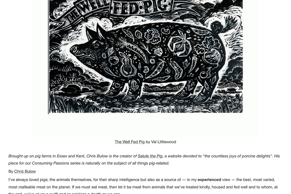 This is an extract from the CKBK piece with Val's B&W wood-cut print of the The Well Fed Pig artwork at the top; the pig looks happy, fed, content.